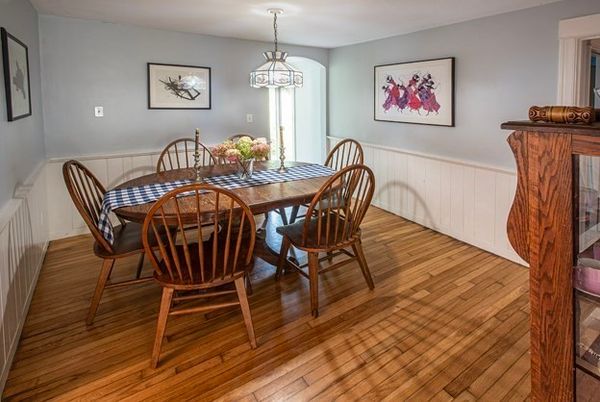 Dining room, Interior, Pendant Lights, Wood Texture Flooring