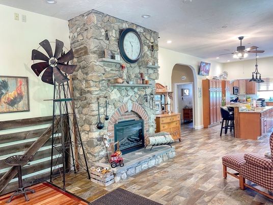 Fireplace, Interior, Kitchen, Recessed Lighting, Stone Walls