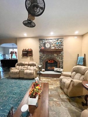 Fireplace, Interior, Living room, Recessed Lighting, Stone Walls