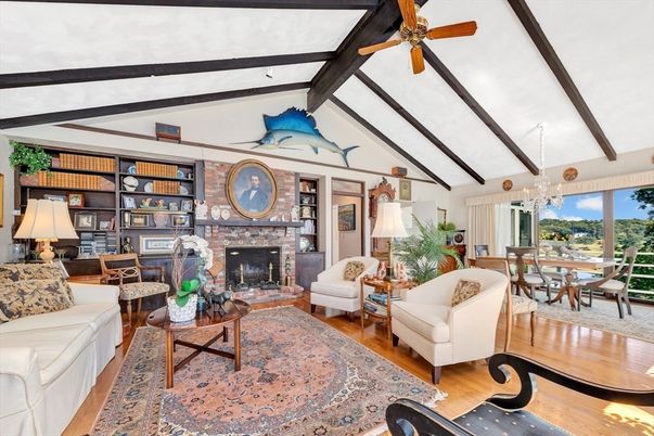 Dining room, Fireplace, Interior, Living room, Wooden Beams, Wood Texture Flooring