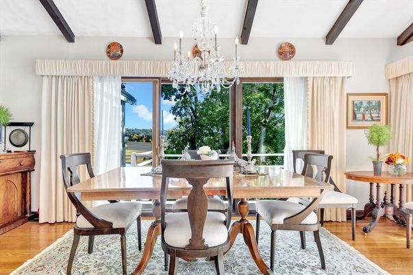 Chandelier, Dining room, Interior, Wooden Beams, Wood Texture Flooring