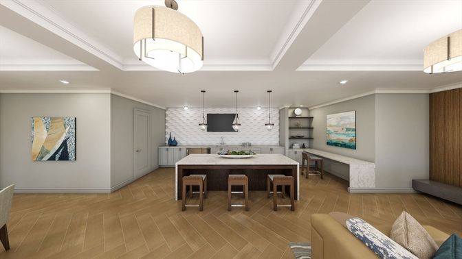 Dining room, Interior, Pendant Lights, Recessed Lighting, Wood Texture Flooring