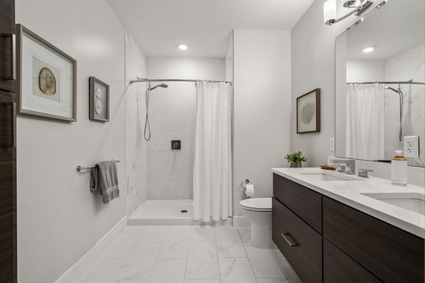 Bathroom, Dual Sink Vanities, Interior, Marble, Marble Walls, Recessed Lighting