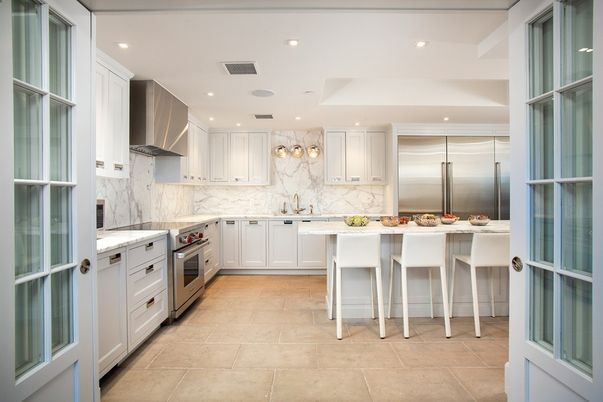 Interior, Kitchen, Marble Walls, Recessed Lighting, Stainless Steel Appliances