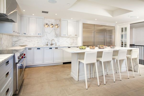 Interior, Kitchen, Marble Walls, Recessed Lighting, Stainless Steel Appliances