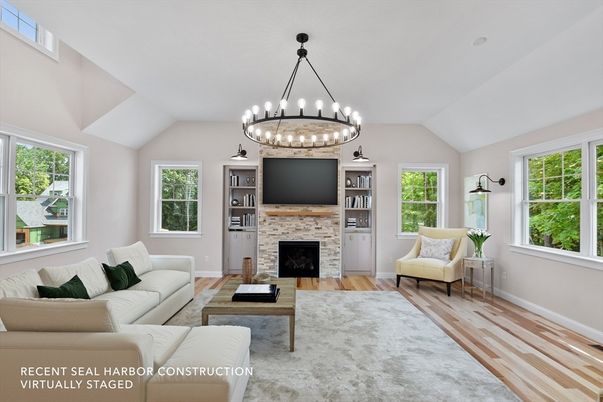 Fireplace, Interior, Living room, Pendant Lights, Wood Texture Flooring