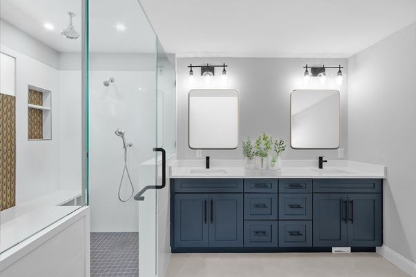 Bathroom, Dual Sink Vanities, Glass Shower, Interior, Recessed Lighting
