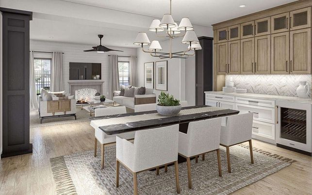 Chandelier, Dining room, Fireplace, Interior, Living room, Recessed Lighting, Wood Texture Flooring