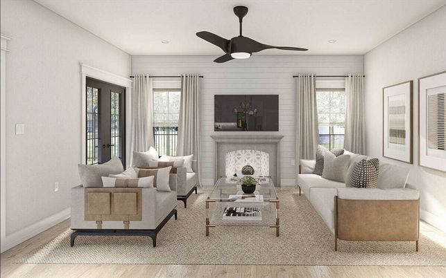 Fireplace, Interior, Living room, Recessed Lighting, Wood Texture Flooring