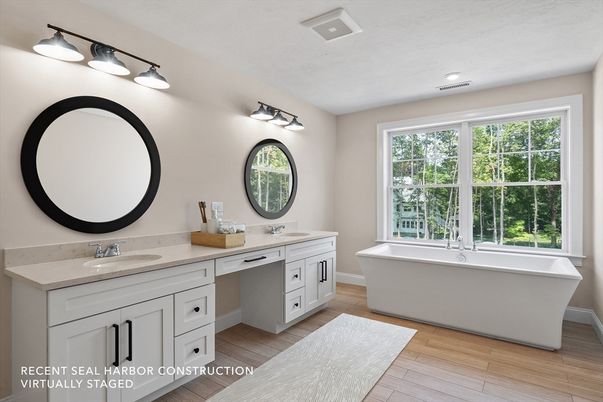 Bathroom, Dual Sink Vanities, Free Standing Baths, Interior, Recessed Lighting, Wood Texture Flooring