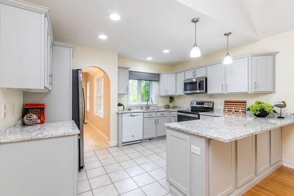 Interior, Kitchen, Pendant Lights, Recessed Lighting, Stainless Steel Appliances, Wood Texture Flooring