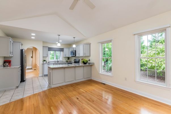 Interior, Kitchen, Pendant Lights, Recessed Lighting, Wood Texture Flooring