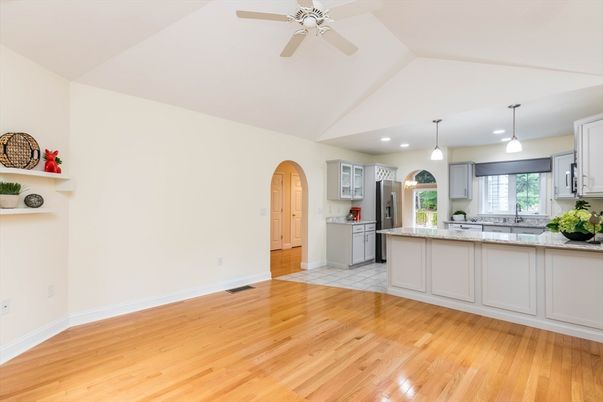 Interior, Kitchen, Pendant Lights, Recessed Lighting, Wood Texture Flooring