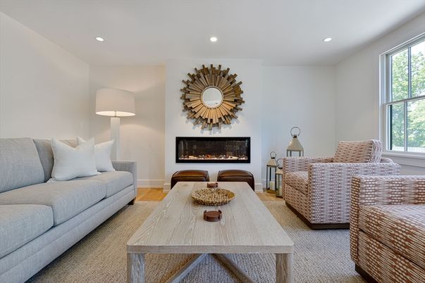 Fireplace, Interior, Living room, Recessed Lighting, Wood Texture Flooring