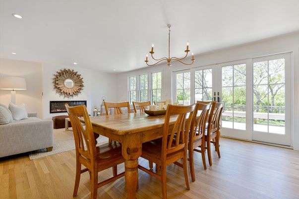 Chandelier, Dining room, Fireplace, Interior, Living room, Recessed Lighting, Wood Texture Flooring