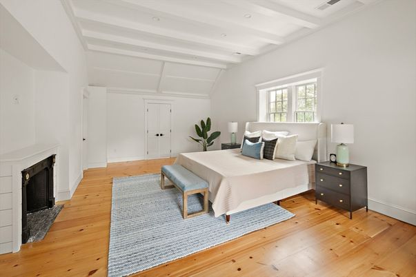 Bedroom, Fireplace, Interior, Wood Texture Flooring