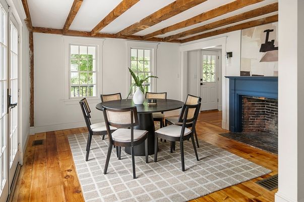 Dining room, Fireplace, Interior, Wooden Beams, Wood Texture Flooring