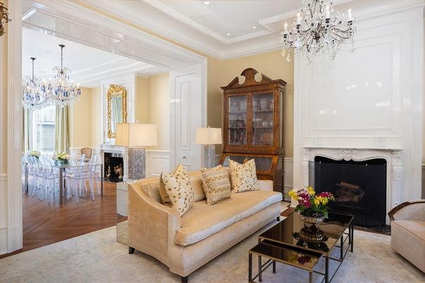Chandelier, Dining room, Fireplace, Interior, Living room, Recessed Lighting, Wood Texture Flooring