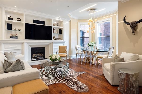 Dining room, Fireplace, Interior, Living room, Pendant Lights, Recessed Lighting, Wood Texture Flooring
