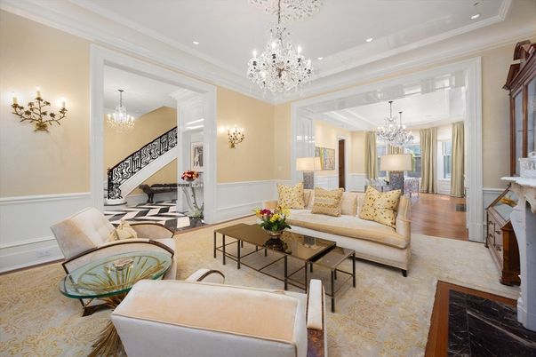 Chandelier, Fireplace, Interior, Living room, Recessed Lighting, Wood Texture Flooring