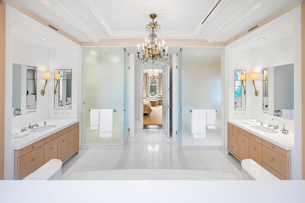 Bathroom, Chandelier, Dual Sink Vanities, Interior, Recessed Lighting