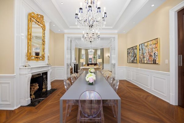 Chandelier, Dining room, Fireplace, Interior, Recessed Lighting, Wood Texture Flooring