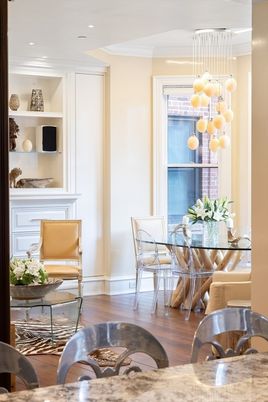 Dining room, Interior, Pendant Lights, Recessed Lighting, Wood Texture Flooring