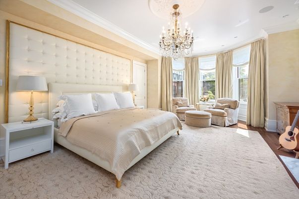 Bedroom, Chandelier, Interior, Recessed Lighting, Wood Texture Flooring