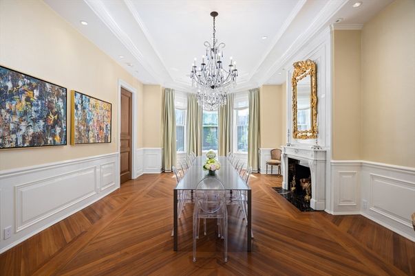 Chandelier, Dining room, Fireplace, Interior, Recessed Lighting, Wood Texture Flooring