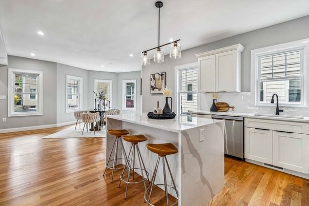 Dining room, Interior, Kitchen, Pendant Lights, Recessed Lighting, Stainless Steel Appliances, Wood Texture Flooring
