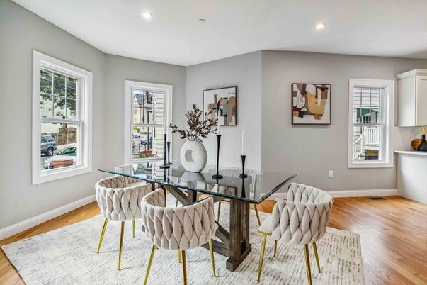 Dining room, Interior, Recessed Lighting, Wood Texture Flooring