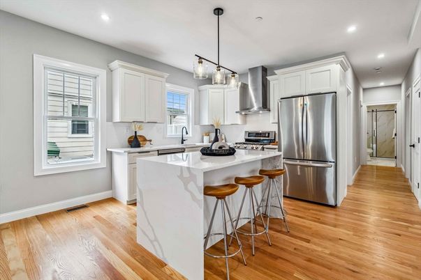 Interior, Kitchen, Pendant Lights, Recessed Lighting, Stainless Steel Appliances, Wood Texture Flooring