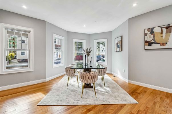 Dining room, Interior, Recessed Lighting, Wood Texture Flooring