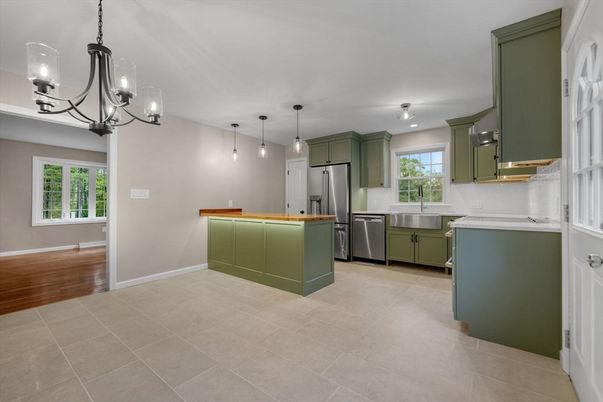 Interior, Kitchen, Pendant Lights, Stainless Steel Appliances, Wood Texture Flooring
