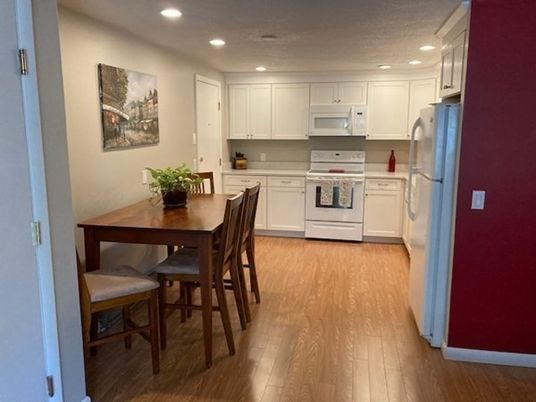 Dining room, Interior, Kitchen, Recessed Lighting, Wood Texture Flooring
