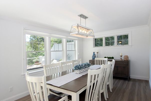 Dining room, Interior, Pendant Lights, Wood Texture Flooring