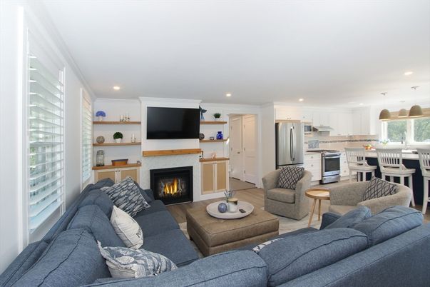 Dining room, Fireplace, Interior, Kitchen, Living room, Pendant Lights, Recessed Lighting, Stainless Steel Appliances, Wood Texture Flooring
