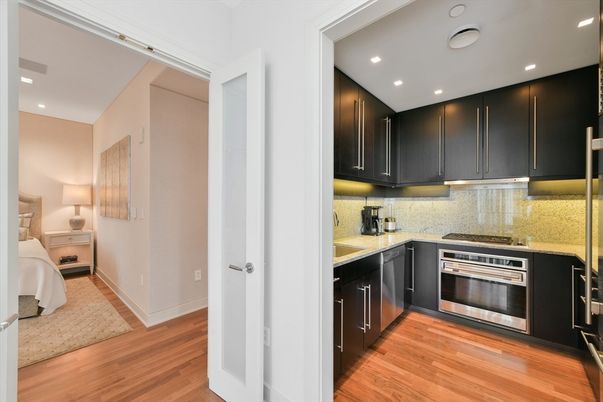 Interior, Kitchen, Recessed Lighting, Stainless Steel Appliances, Wood Texture Flooring