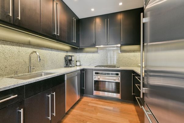 Interior, Kitchen, Recessed Lighting, Stainless Steel Appliances, Wood Texture Flooring
