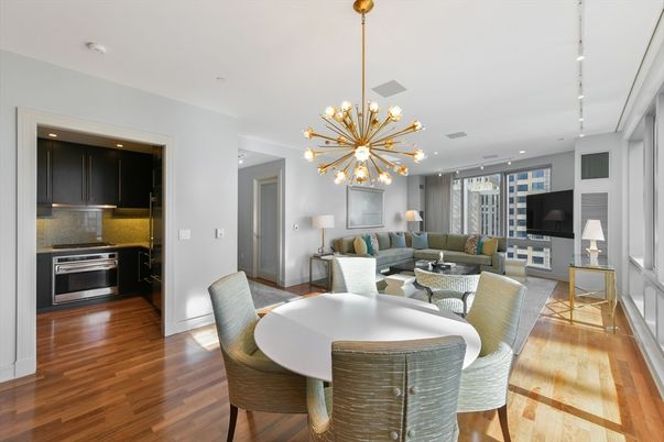 Dining room, Interior, Kitchen, Living room, Pendant Lights, Recessed Lighting, Stainless Steel Appliances, Wood Texture Flooring