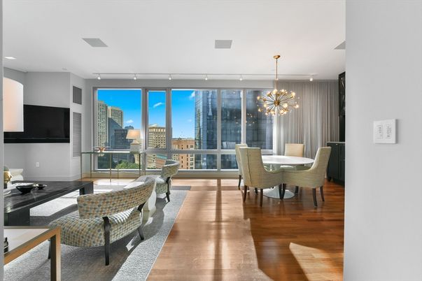 Dining room, Interior, Pendant Lights, Recessed Lighting, Wood Texture Flooring