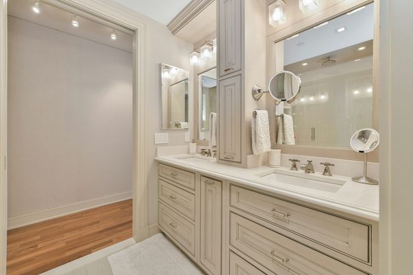 Bathroom, Dual Sink Vanities, Glass Shower, Interior, Recessed Lighting, Wood Texture Flooring