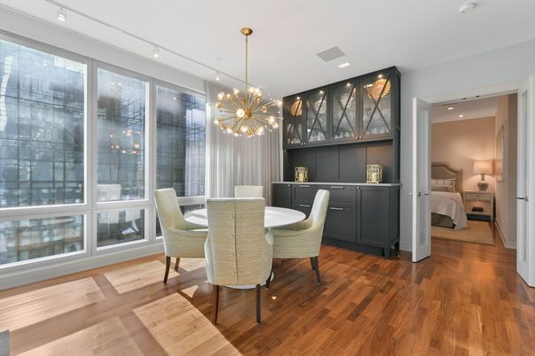 Bedroom, Dining room, Interior, Pendant Lights, Recessed Lighting, Wood Texture Flooring