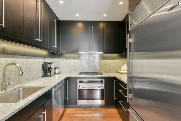 Interior, Kitchen, Recessed Lighting, Stainless Steel Appliances, Wood Texture Flooring