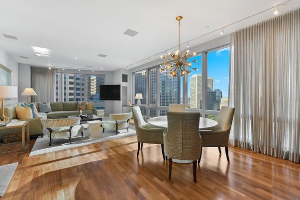 Dining room, Interior, Living room, Pendant Lights, Recessed Lighting, Wood Texture Flooring