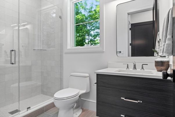 Bathroom, Glass Shower, Interior, Wood Texture Flooring