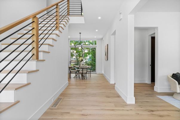 Dining room, Interior, Pendant Lights, Recessed Lighting, Wood Texture Flooring