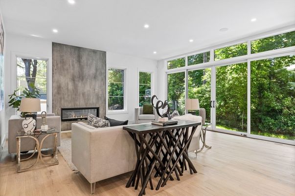 Fireplace, Home Office, Interior, Living room, Recessed Lighting, Wood Texture Flooring