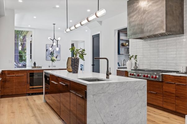 Interior, Kitchen, Pendant Lights, Recessed Lighting, Stainless Steel Appliances, Wood Texture Flooring