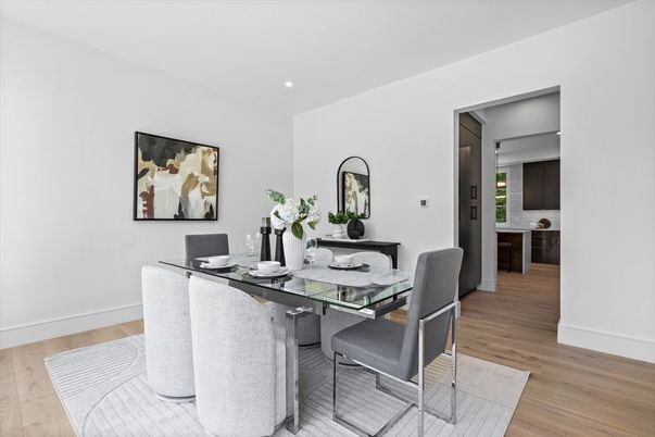 Dining room, Interior, Recessed Lighting, Wood Texture Flooring